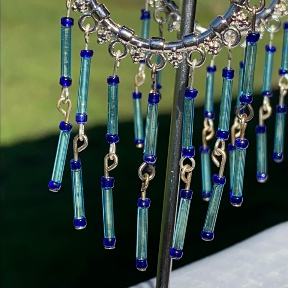 Handmade Silver and Blue Hoop Earrings - Picture 4 of 4